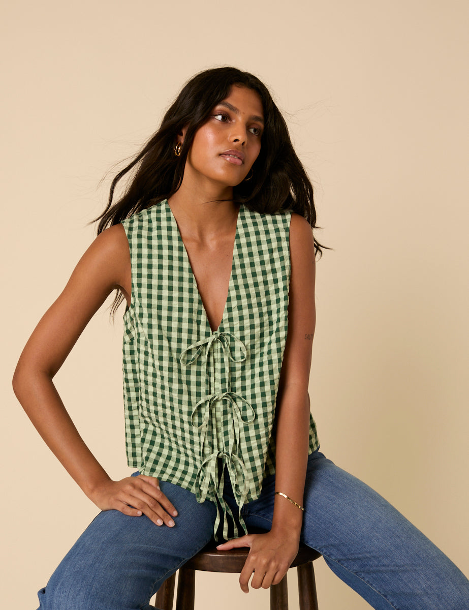 Black Gingham Shirred V-Neck Top