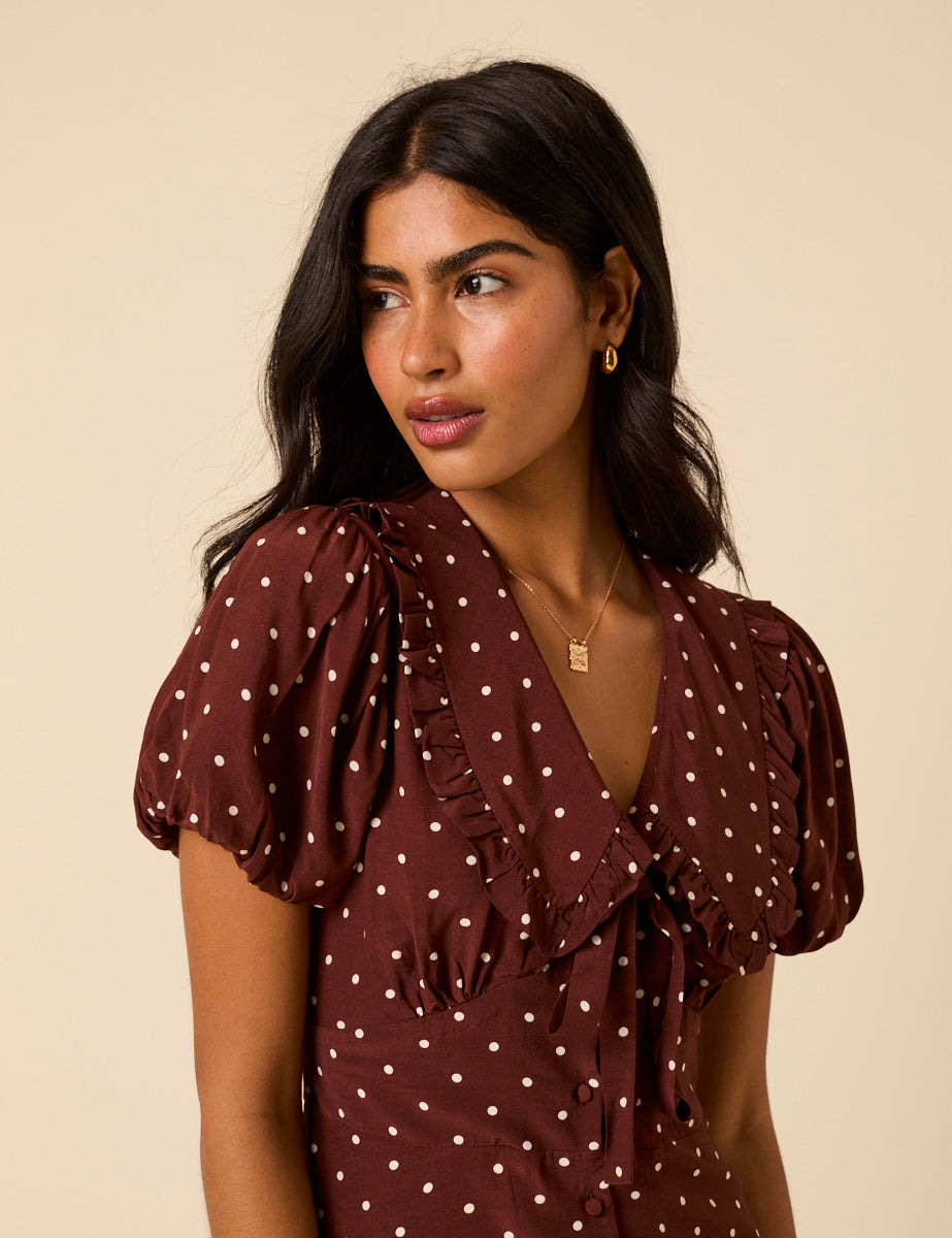 princess polly baby blue dress Brown and White Polka Dot Midi Dress | Laurella Midi Dress